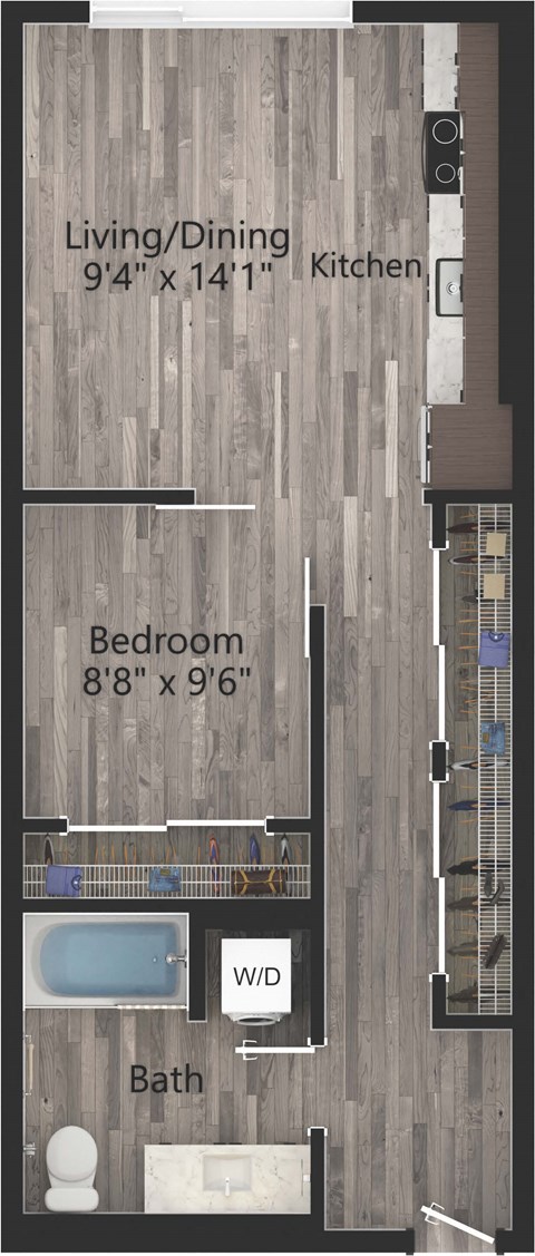 Floor plan for 1 bed, 1 bath, 606 sqft